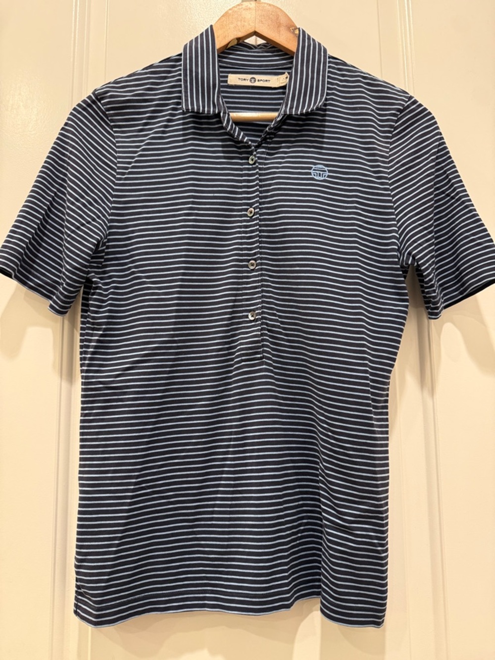 Tory Sport Navy and White Striped Polo Shirt